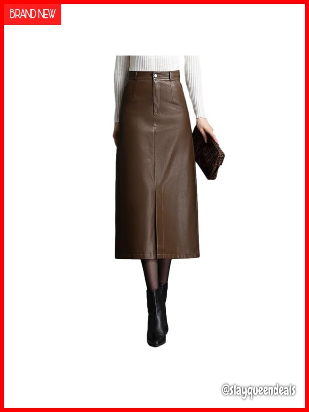 Faux Leather High Waisted Bodycon Midi Skirt with Slit Fall Winter